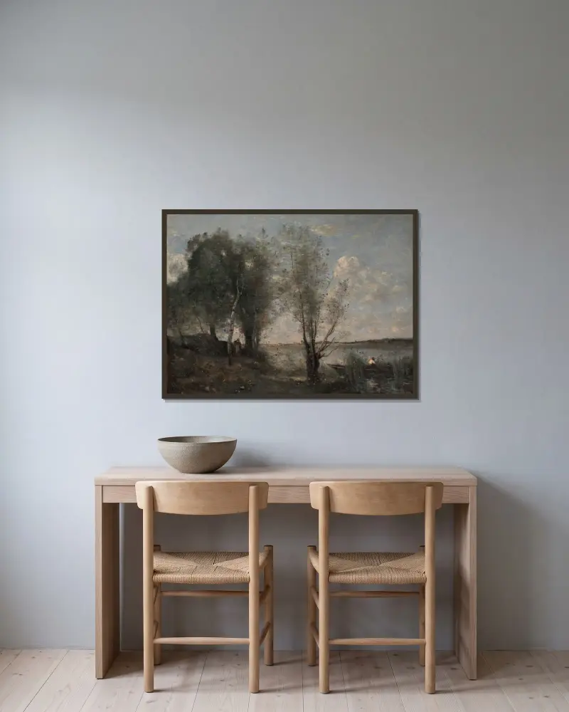 Båtförare bland vass av Jean-Baptiste-Camille Corot inramad på en vägg
