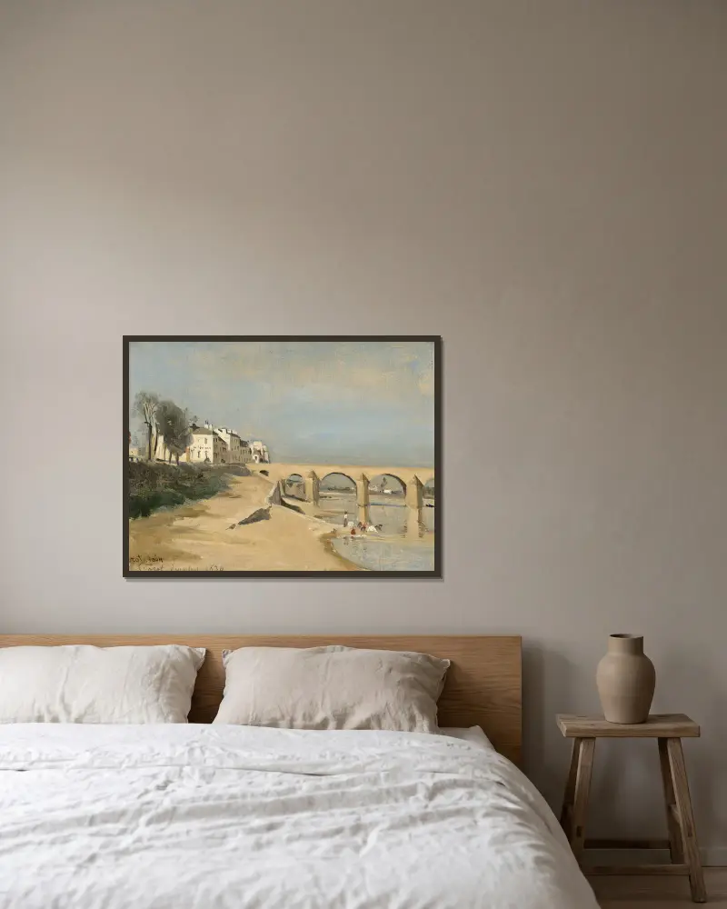 Bro över Saône vid Mâcon av Jean-Baptiste-Camille Corot inramad på en vägg