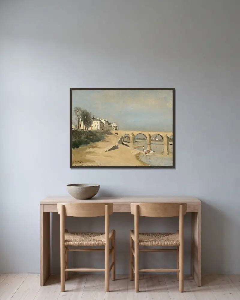 Bro över Saône vid Mâcon av Jean-Baptiste-Camille Corot inramad på en vägg