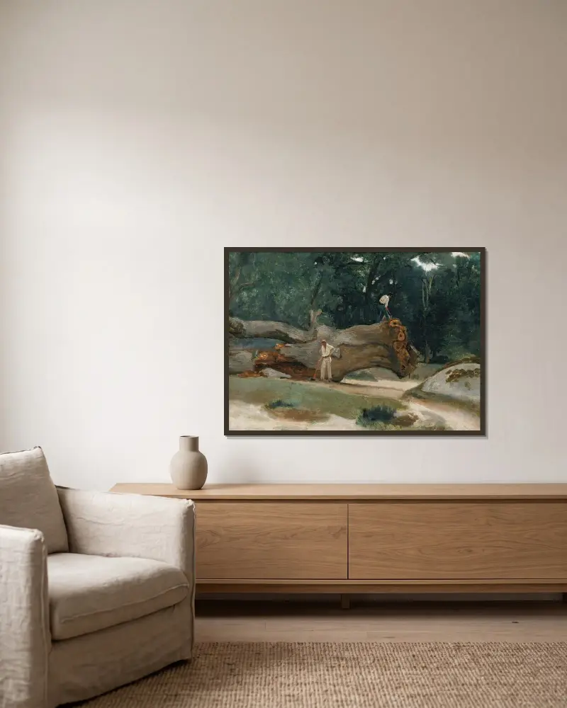 Bûcherons av Jean-Baptiste-Camille Corot inramad på en vägg