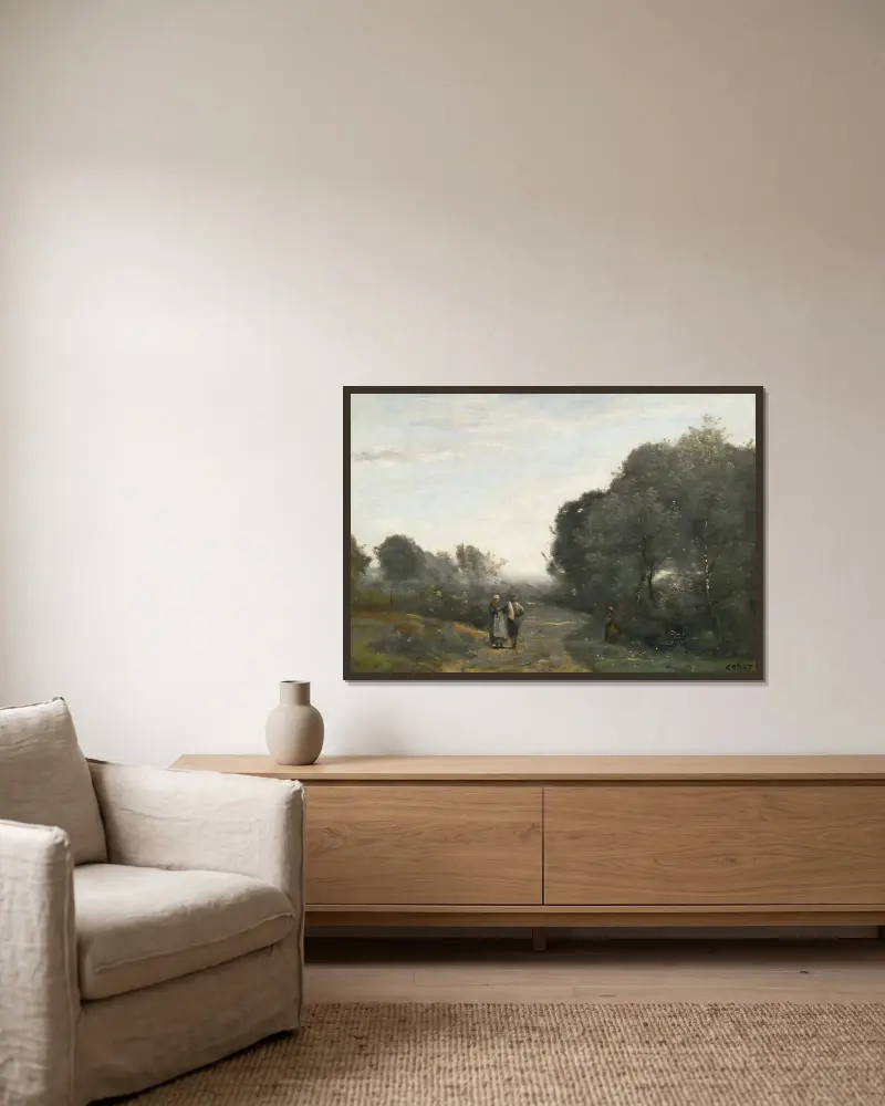 Chaville, en vårmorgon av Jean-Baptiste-Camille Corot inramad på en vägg