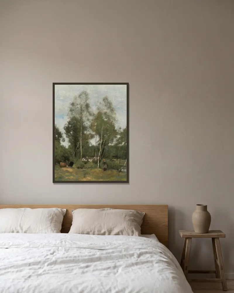 Skogsglänta vid Bois Pierre, Aux Evaux, ängar vid Château-Thierry av Jean-Baptiste-Camille Corot inramad på en vägg