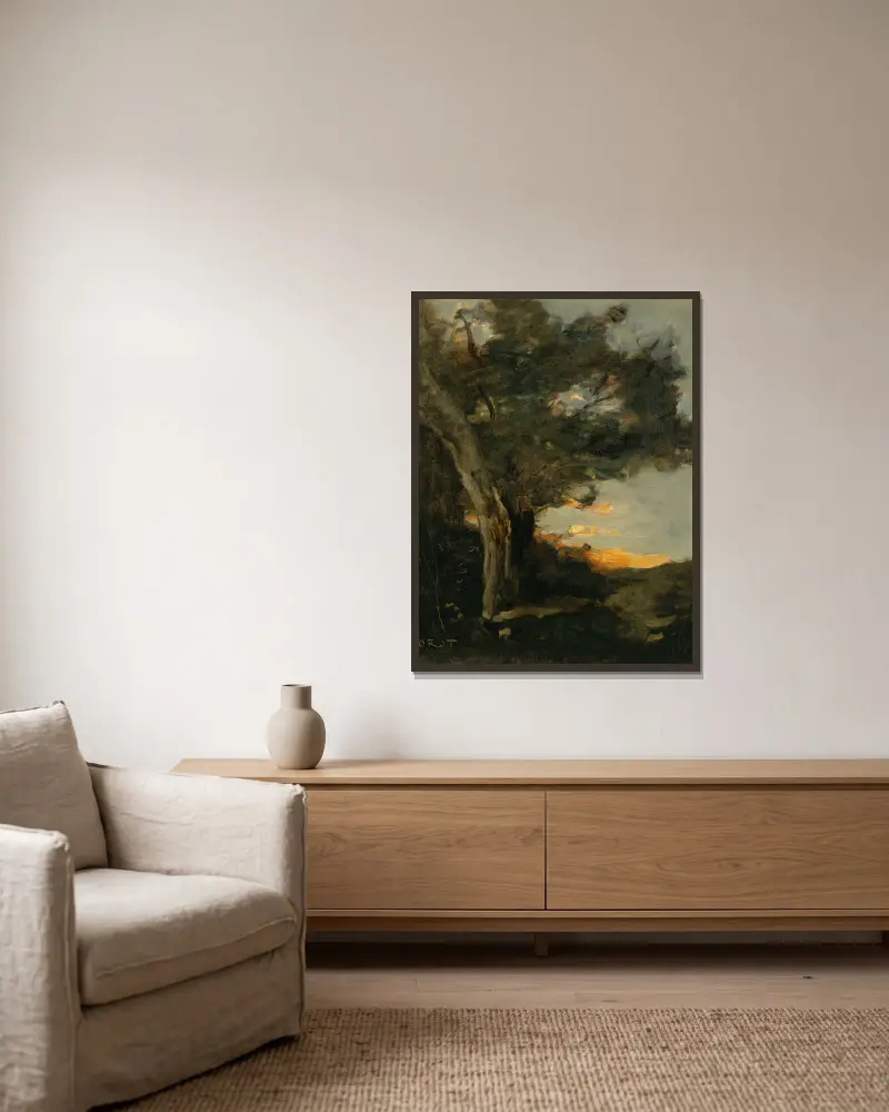 Solnedgång med lejoninna av Jean-Baptiste-Camille Corot inramad på en vägg