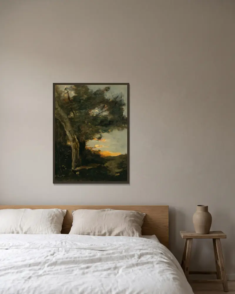 Solnedgång med lejoninna av Jean-Baptiste-Camille Corot inramad på en vägg