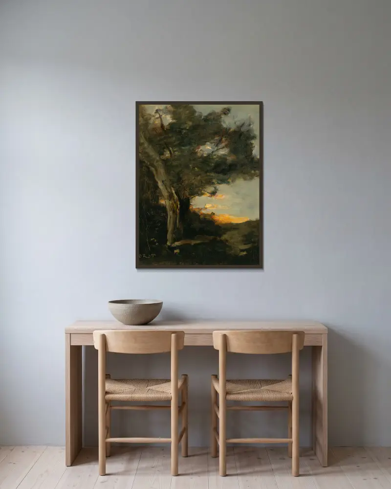 Solnedgång med lejoninna av Jean-Baptiste-Camille Corot inramad på en vägg