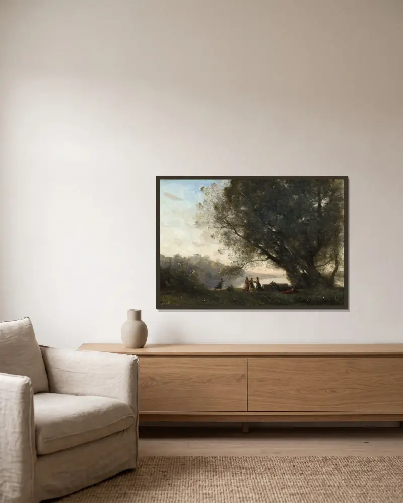 Tanz unter den Bäumen am Seeufer von Jean-Baptiste-Camille Corot gerahmt an einer Wand