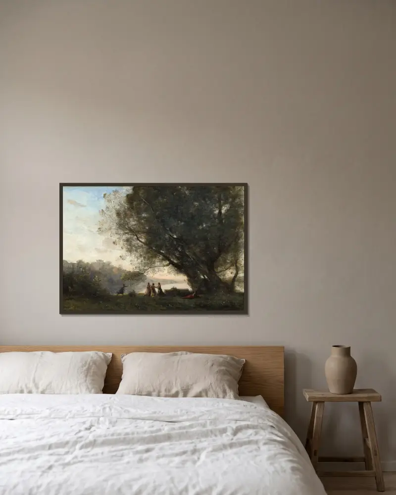 Tanz unter den Bäumen am Seeufer von Jean-Baptiste-Camille Corot gerahmt an einer Wand