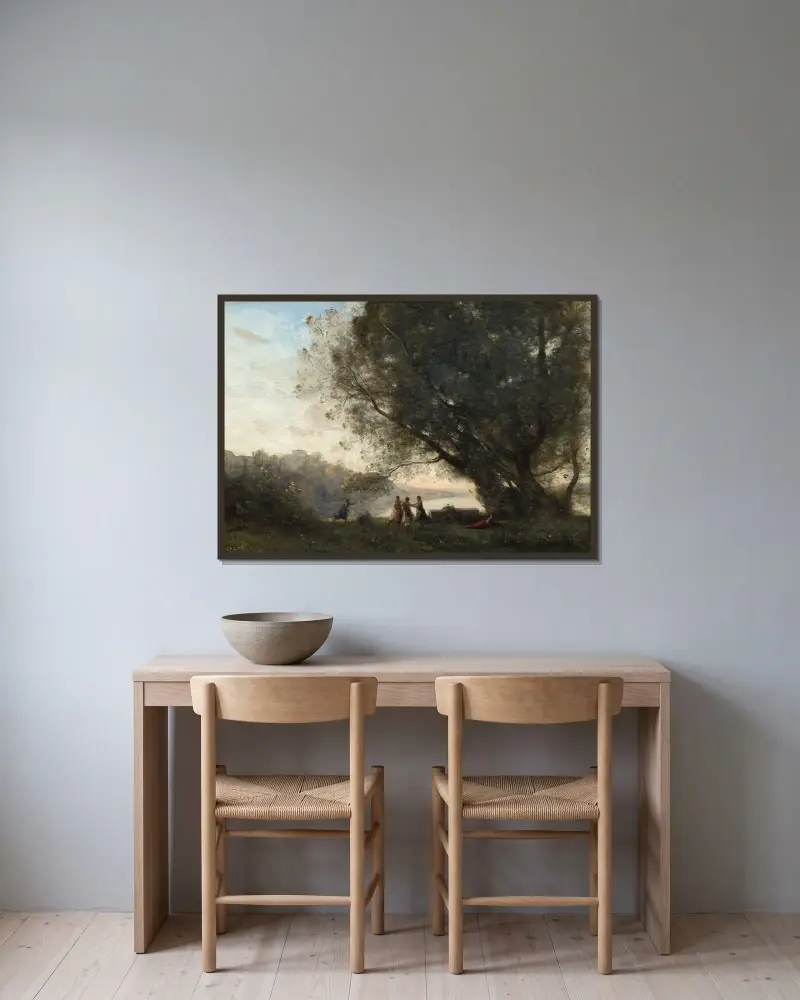 Tanz unter den Bäumen am Seeufer von Jean-Baptiste-Camille Corot gerahmt an einer Wand