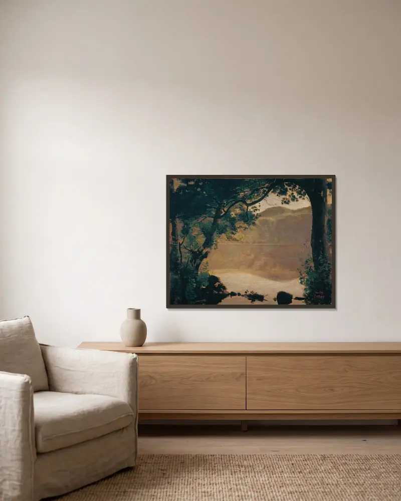 Der Nemisee von Jean-Baptiste-Camille Corot gerahmt an einer Wand