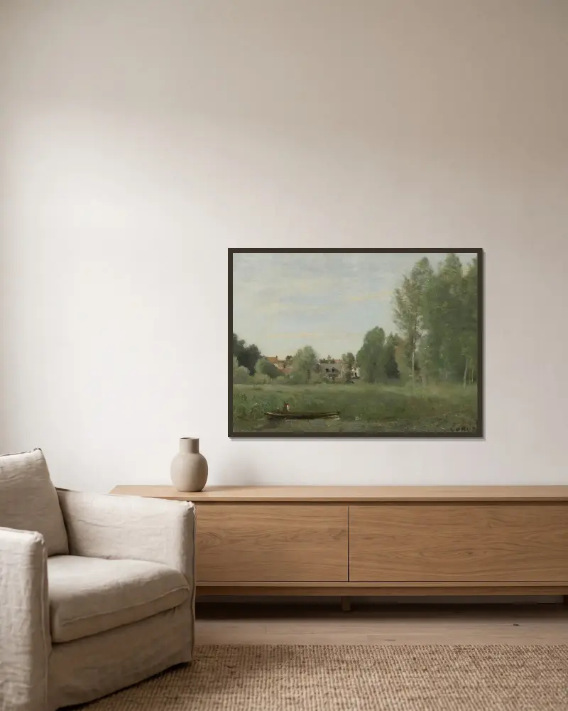 Umgebung von Mantes, kleine, in den Bäumen nahe dem Ufer versteckte Wohnstätten von Jean-Baptiste-Camille Corot gerahmt an einer Wand