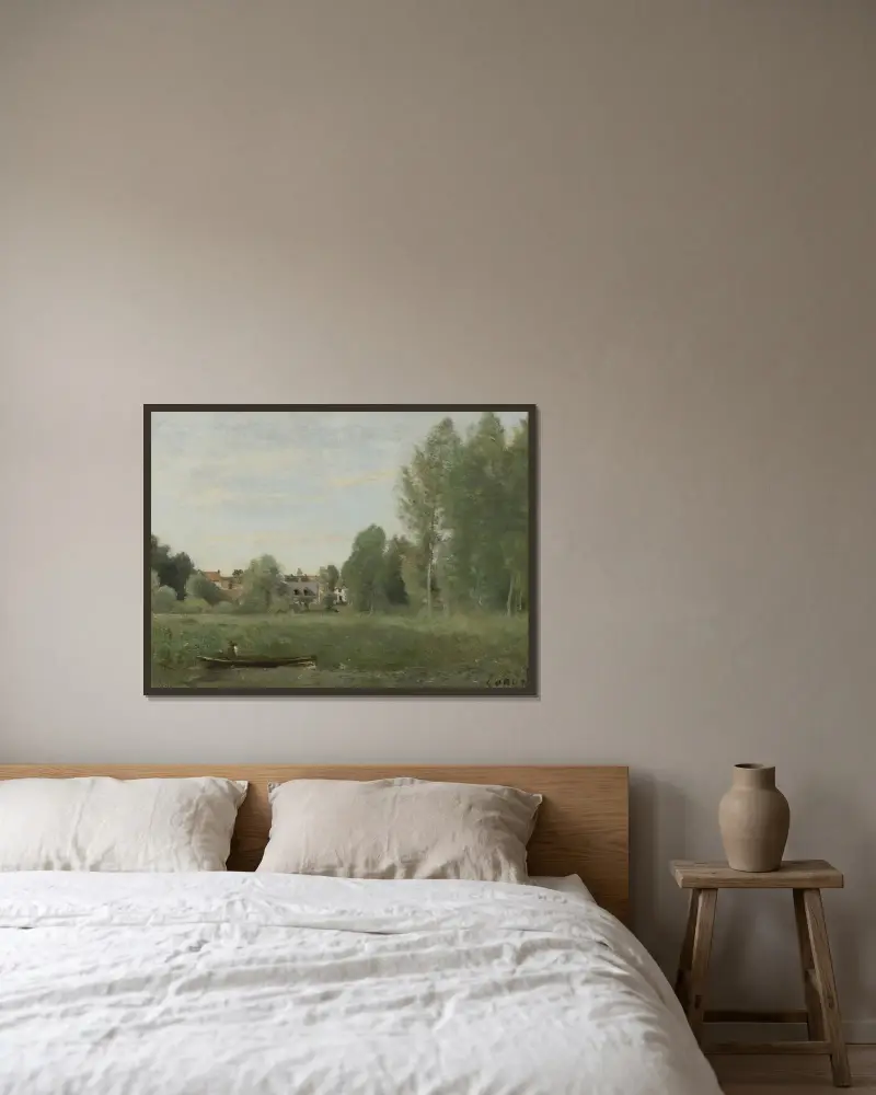 Umgebung von Mantes, kleine, in den Bäumen nahe dem Ufer versteckte Wohnstätten von Jean-Baptiste-Camille Corot gerahmt an einer Wand