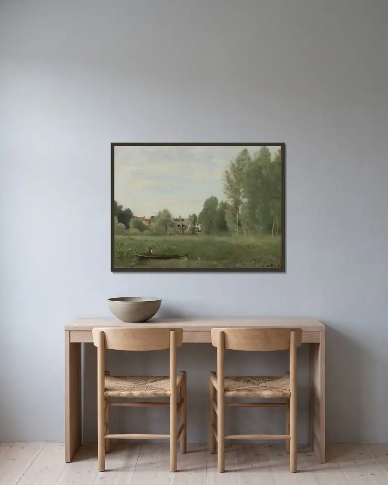 Umgebung von Mantes, kleine, in den Bäumen nahe dem Ufer versteckte Wohnstätten von Jean-Baptiste-Camille Corot gerahmt an einer Wand