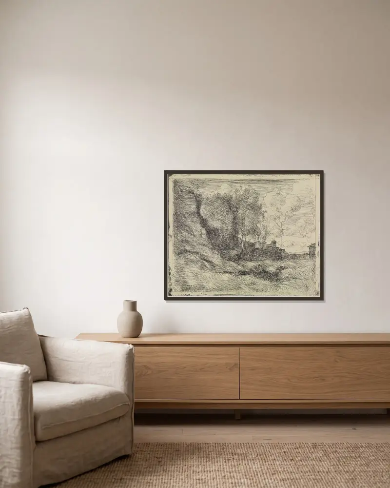 Erinnerung an Ostia (Souvenir d’Ostie) av Jean-Baptiste-Camille Corot inramad på en vägg