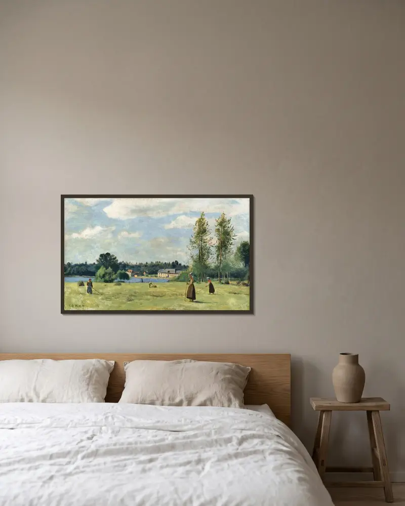 Höbärgare vid Ville d'Avray av Jean-Baptiste-Camille Corot inramad på en vägg