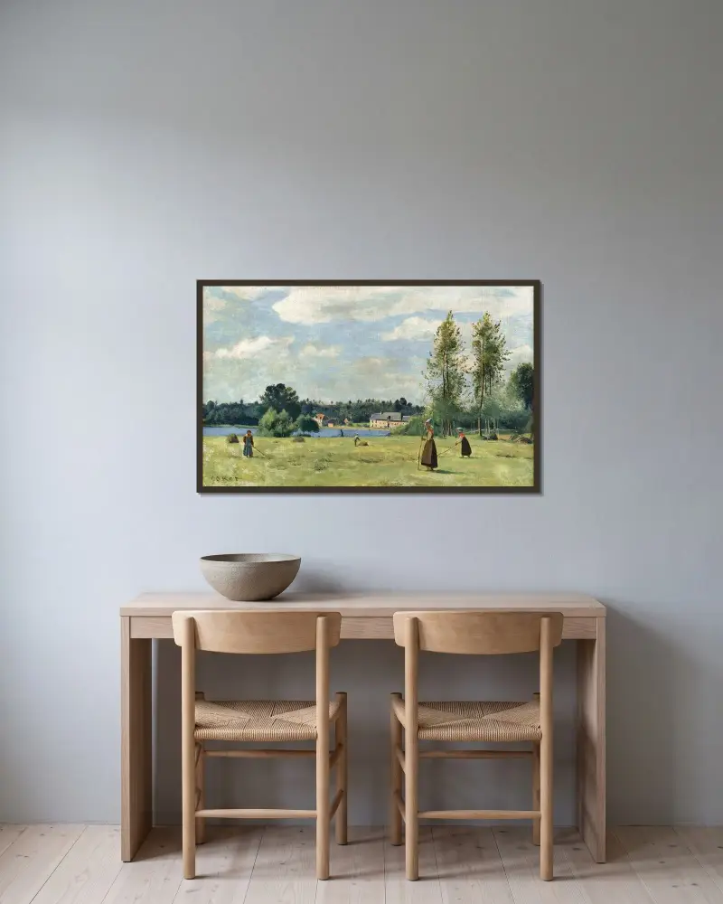 Höbärgare vid Ville d'Avray av Jean-Baptiste-Camille Corot inramad på en vägg
