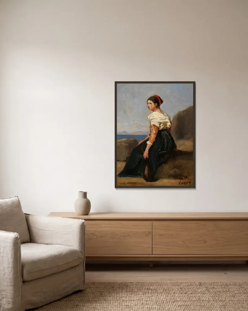 Sitzende Frau mit Mandoline von Jean-Baptiste-Camille Corot gerahmt an einer Wand