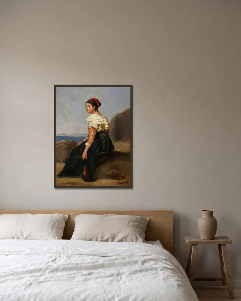 Sitzende Frau mit Mandoline von Jean-Baptiste-Camille Corot gerahmt an einer Wand