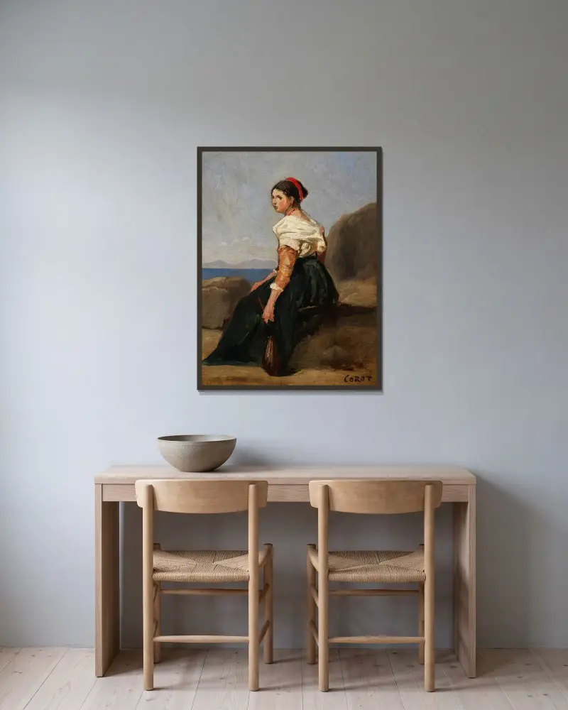 Sitzende Frau mit Mandoline von Jean-Baptiste-Camille Corot gerahmt an einer Wand