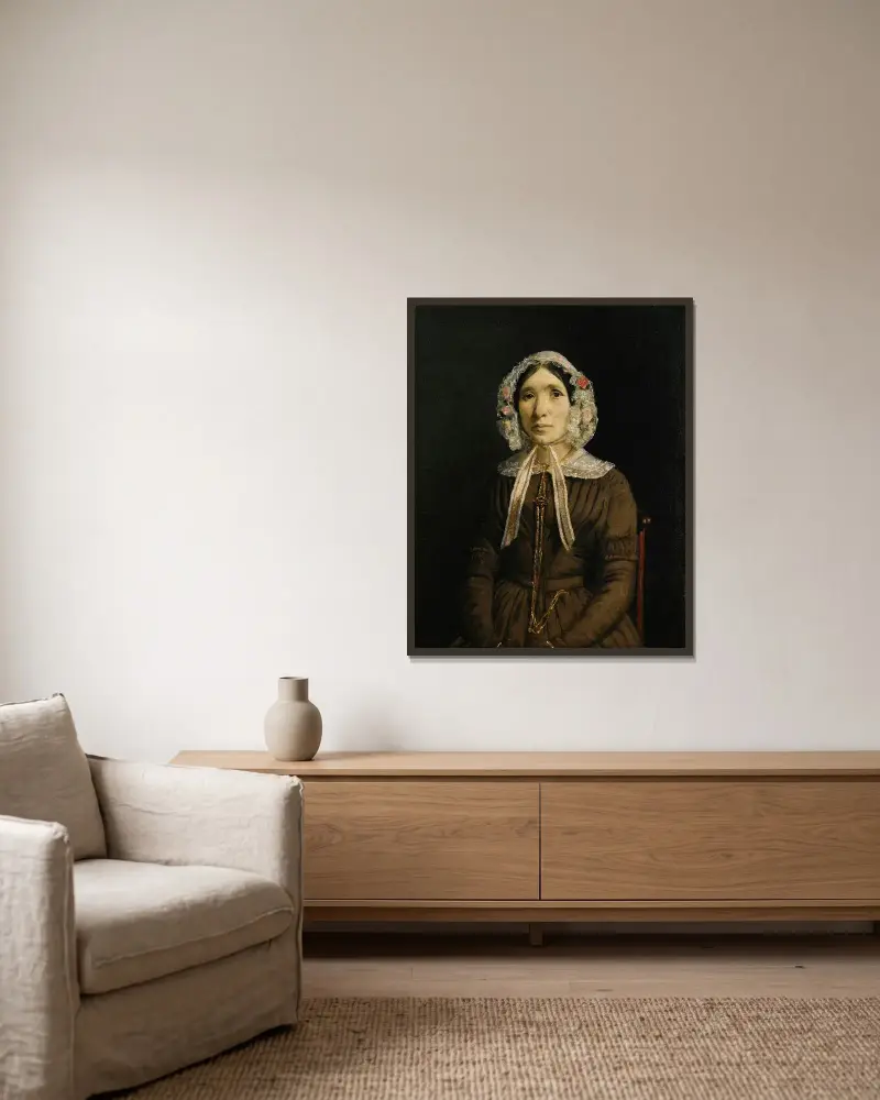 Kvinna med spetsmössa av Jean-Baptiste-Camille Corot inramad på en vägg