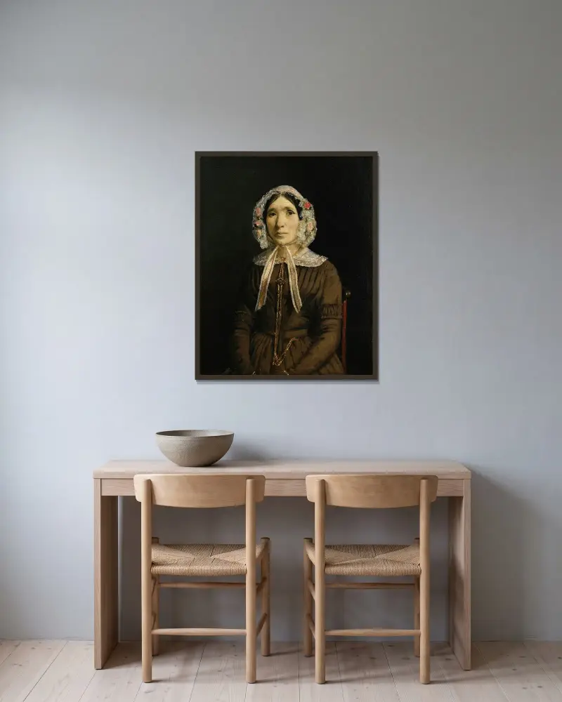 Kvinna med spetsmössa av Jean-Baptiste-Camille Corot inramad på en vägg