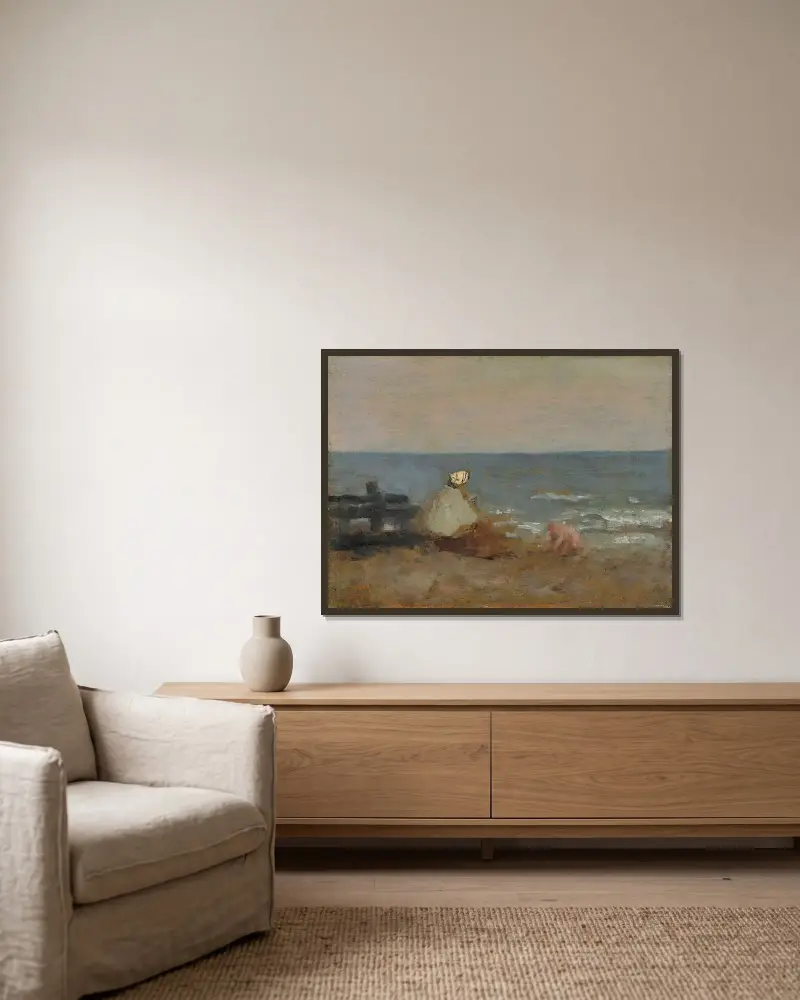Frau und Kind am Meer, Étretat von Jean-Baptiste-Camille Corot gerahmt an einer Wand