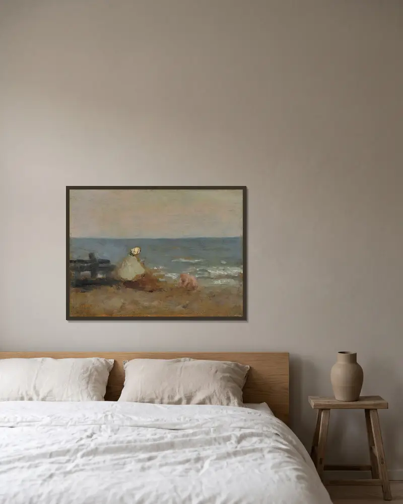Frau und Kind am Meer, Étretat von Jean-Baptiste-Camille Corot gerahmt an einer Wand