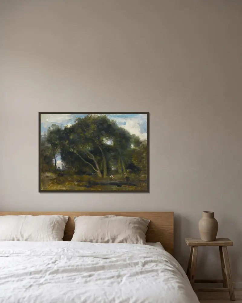 Fontainebleau – lutande ekar i en skogsglänta av Jean-Baptiste-Camille Corot inramad på en vägg