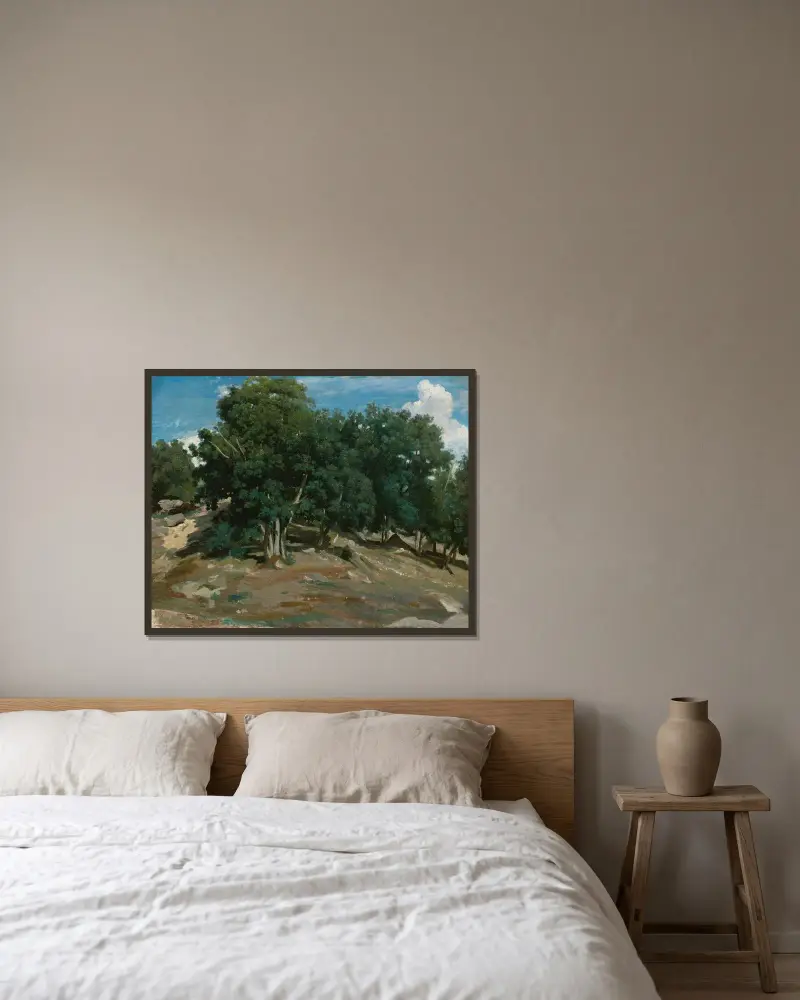 Fontainebleau; ekar vid Bas-Bréau av Jean-Baptiste-Camille Corot inramad på en vägg