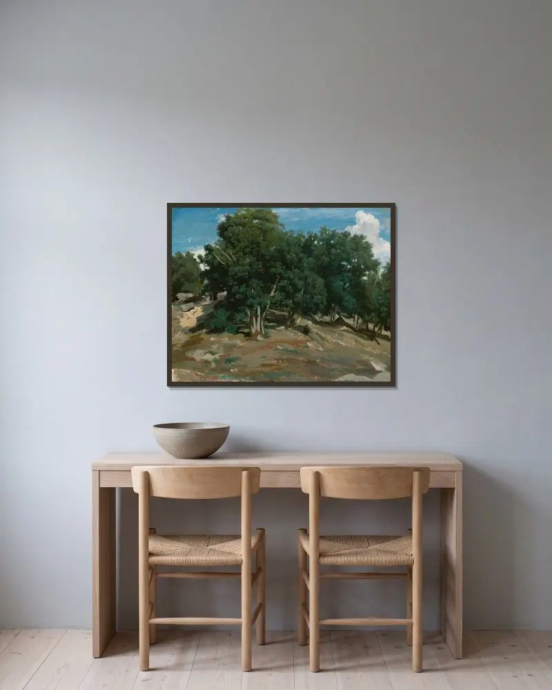 Fontainebleau; ekar vid Bas-Bréau av Jean-Baptiste-Camille Corot inramad på en vägg