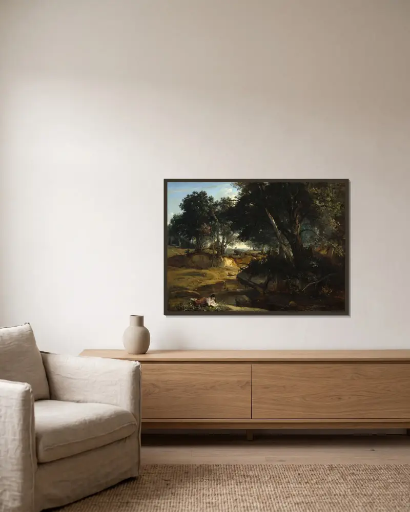 Fontainebleauskogen av Jean-Baptiste-Camille Corot inramad på en vägg
