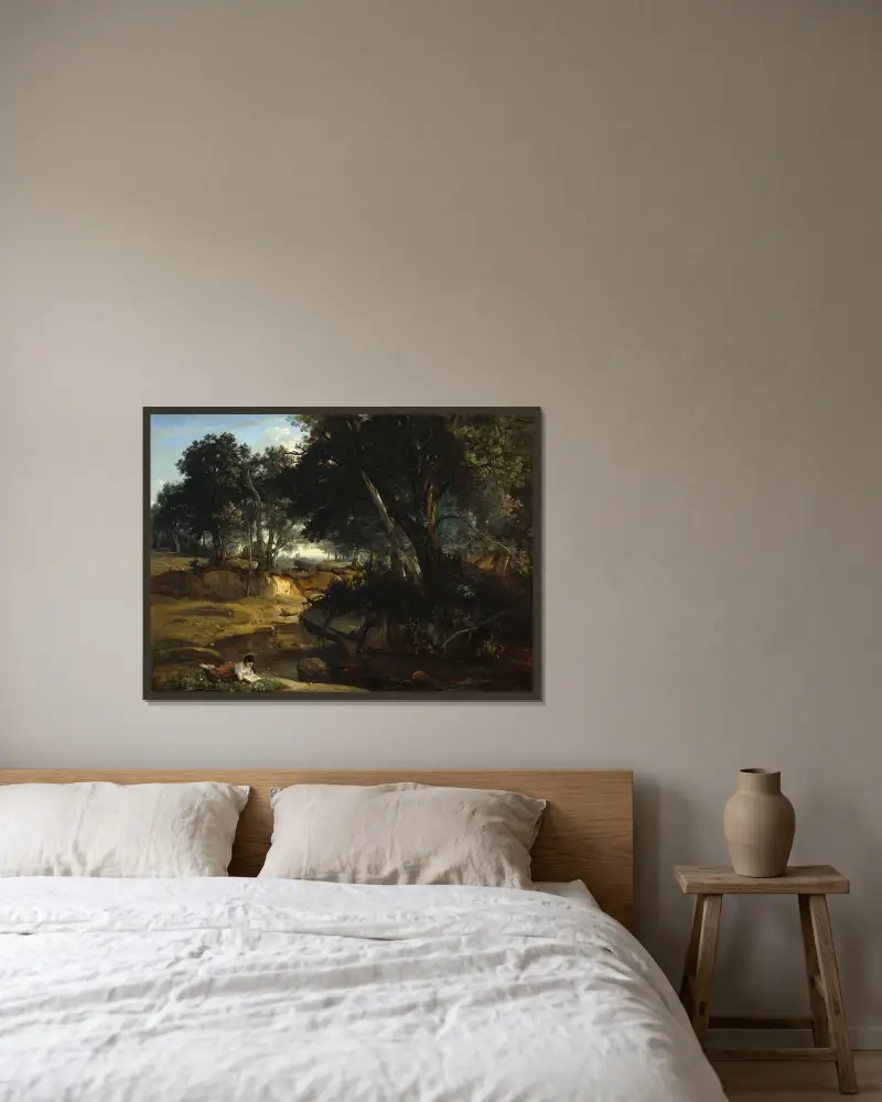 Fontainebleauskogen av Jean-Baptiste-Camille Corot inramad på en vägg