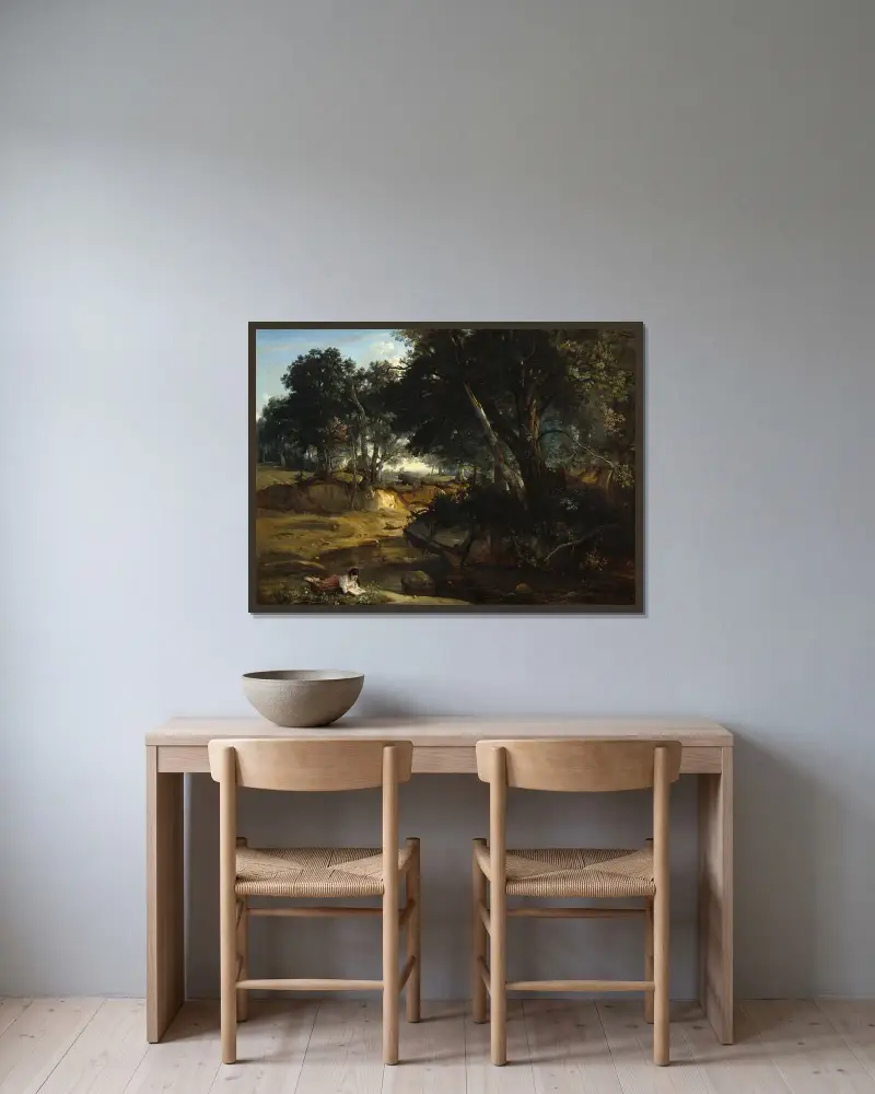 Fontainebleauskogen av Jean-Baptiste-Camille Corot inramad på en vägg