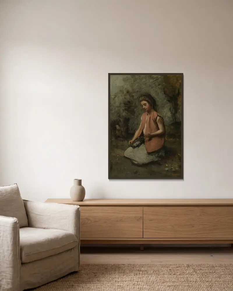 Mädchen, einen Kranz bindend von Jean-Baptiste-Camille Corot gerahmt an einer Wand