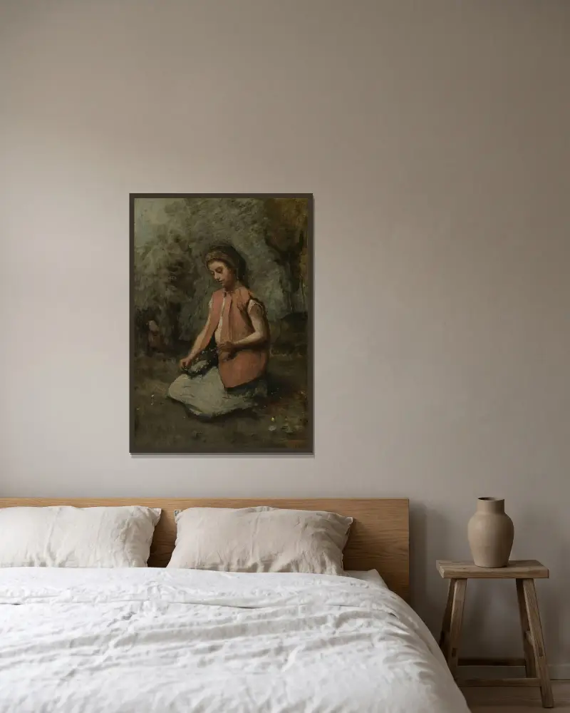 Mädchen, einen Kranz bindend von Jean-Baptiste-Camille Corot gerahmt an einer Wand
