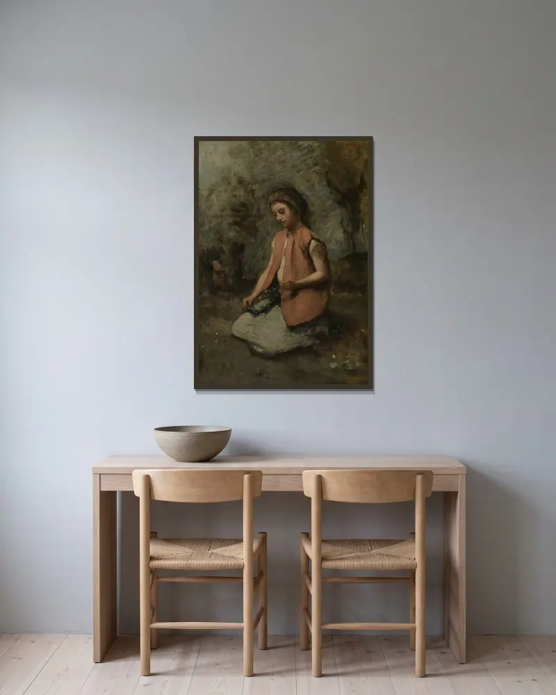 Mädchen, einen Kranz bindend von Jean-Baptiste-Camille Corot gerahmt an einer Wand