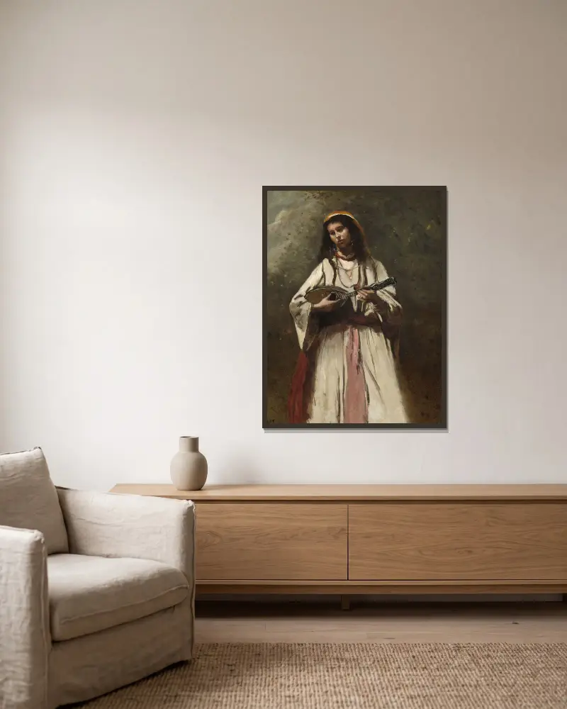 Romsk kvinna med mandolin av Jean-Baptiste-Camille Corot inramad på en vägg