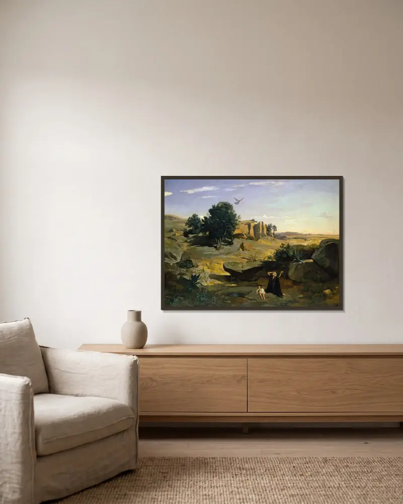 Hagar in der Wüste von Jean-Baptiste-Camille Corot gerahmt an einer Wand