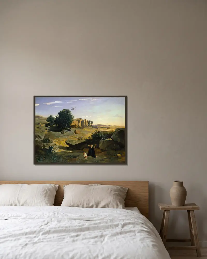Hagar in der Wüste von Jean-Baptiste-Camille Corot gerahmt an einer Wand