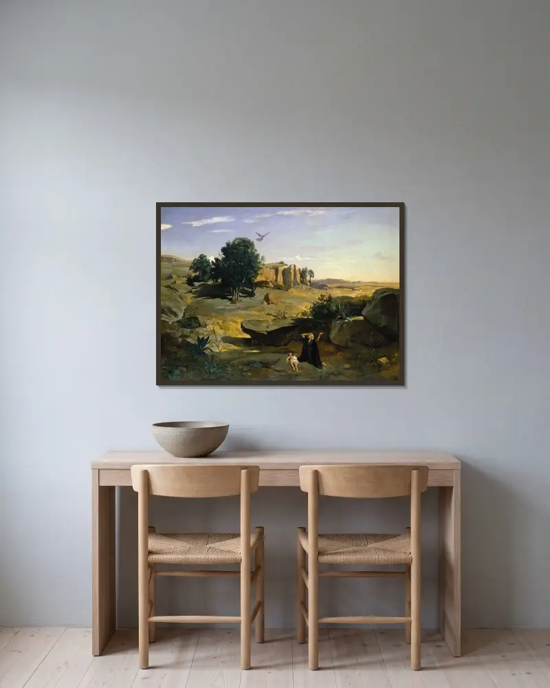 Hagar in der Wüste von Jean-Baptiste-Camille Corot gerahmt an einer Wand
