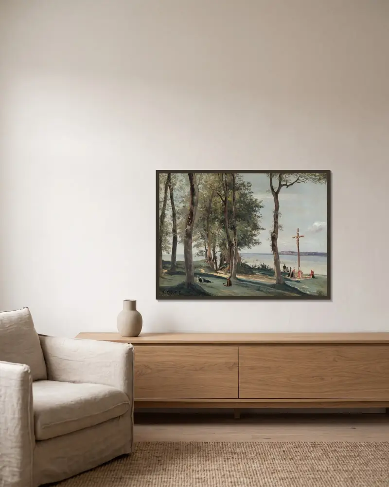 Honfleur; Kalvarienberg von Jean-Baptiste-Camille Corot gerahmt an einer Wand