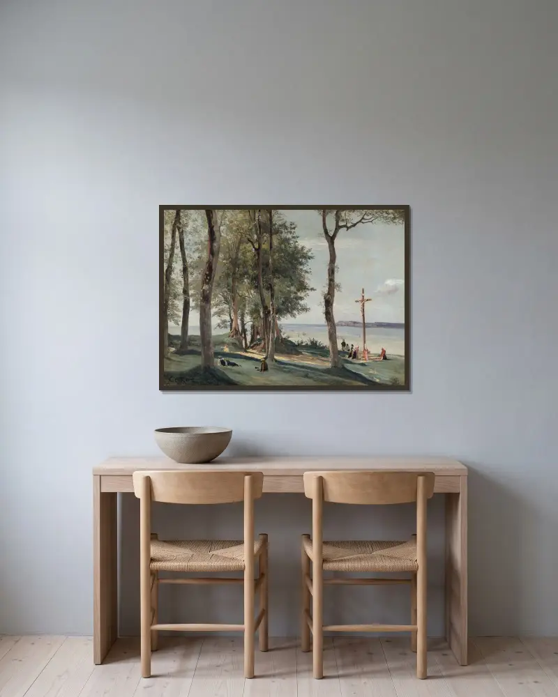 Honfleur; Kalvarienberg von Jean-Baptiste-Camille Corot gerahmt an einer Wand