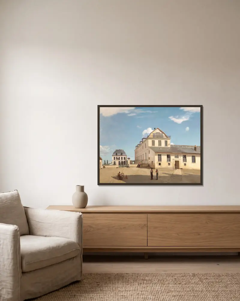 Herr Henrys hus och fabrik av Jean-Baptiste-Camille Corot inramad på en vägg
