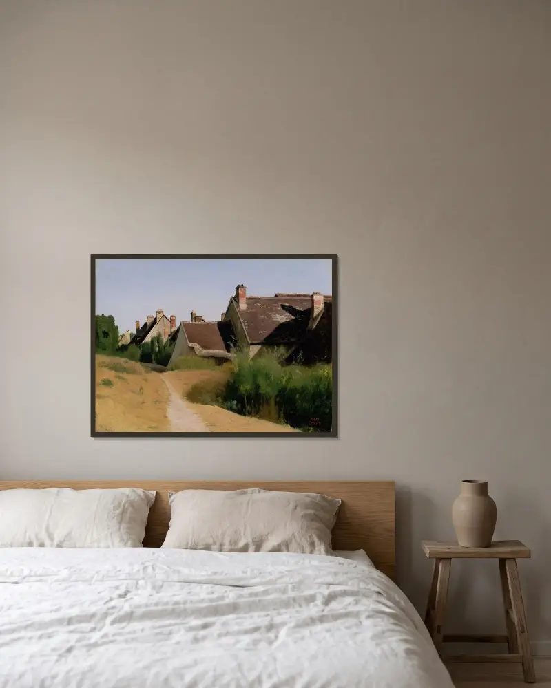 Häuser bei Orléans von Jean-Baptiste-Camille Corot gerahmt an einer Wand