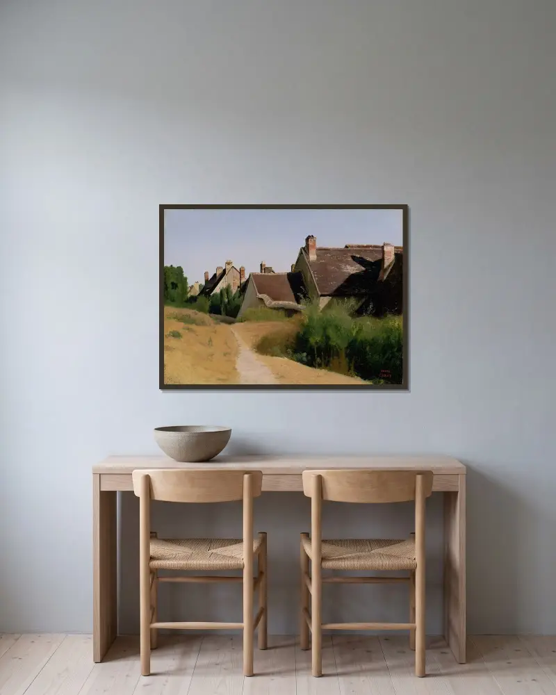 Häuser bei Orléans von Jean-Baptiste-Camille Corot gerahmt an einer Wand