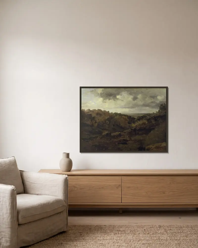 Italienskt landskap nära Marino på hösten av Jean-Baptiste-Camille Corot inramad på en vägg
