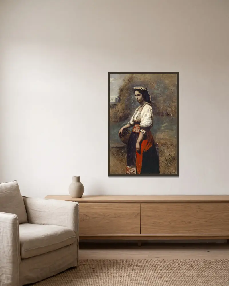 Italienische Frau am Brunnen von Jean-Baptiste-Camille Corot gerahmt an einer Wand