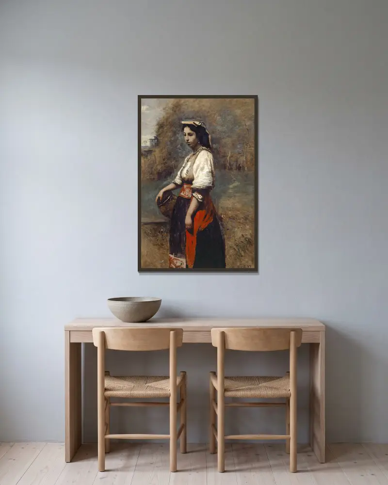 Italienische Frau am Brunnen von Jean-Baptiste-Camille Corot gerahmt an einer Wand