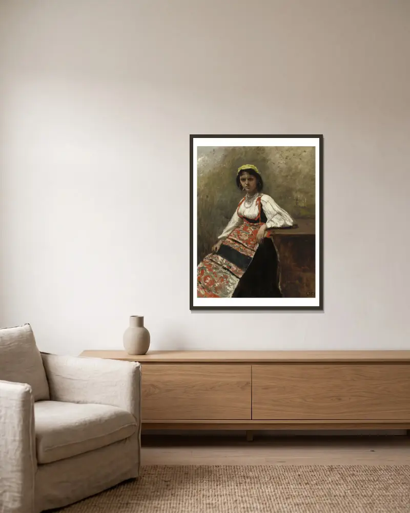 Italiensk kvinna (La Morieri) av Jean-Baptiste-Camille Corot inramad på en vägg