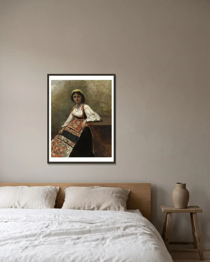 Italiensk kvinna (La Morieri) av Jean-Baptiste-Camille Corot inramad på en vägg