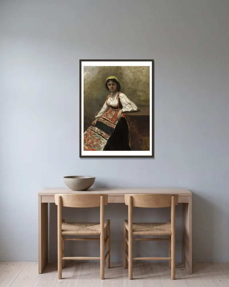 Italiensk kvinna (La Morieri) av Jean-Baptiste-Camille Corot inramad på en vägg